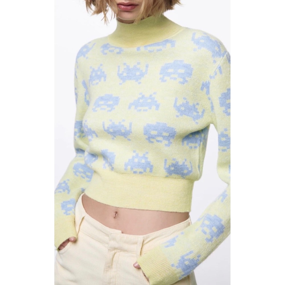 ZARA‎ Space Invaders Cropped Knit Sweater Y2K Gamer Mock Neck M